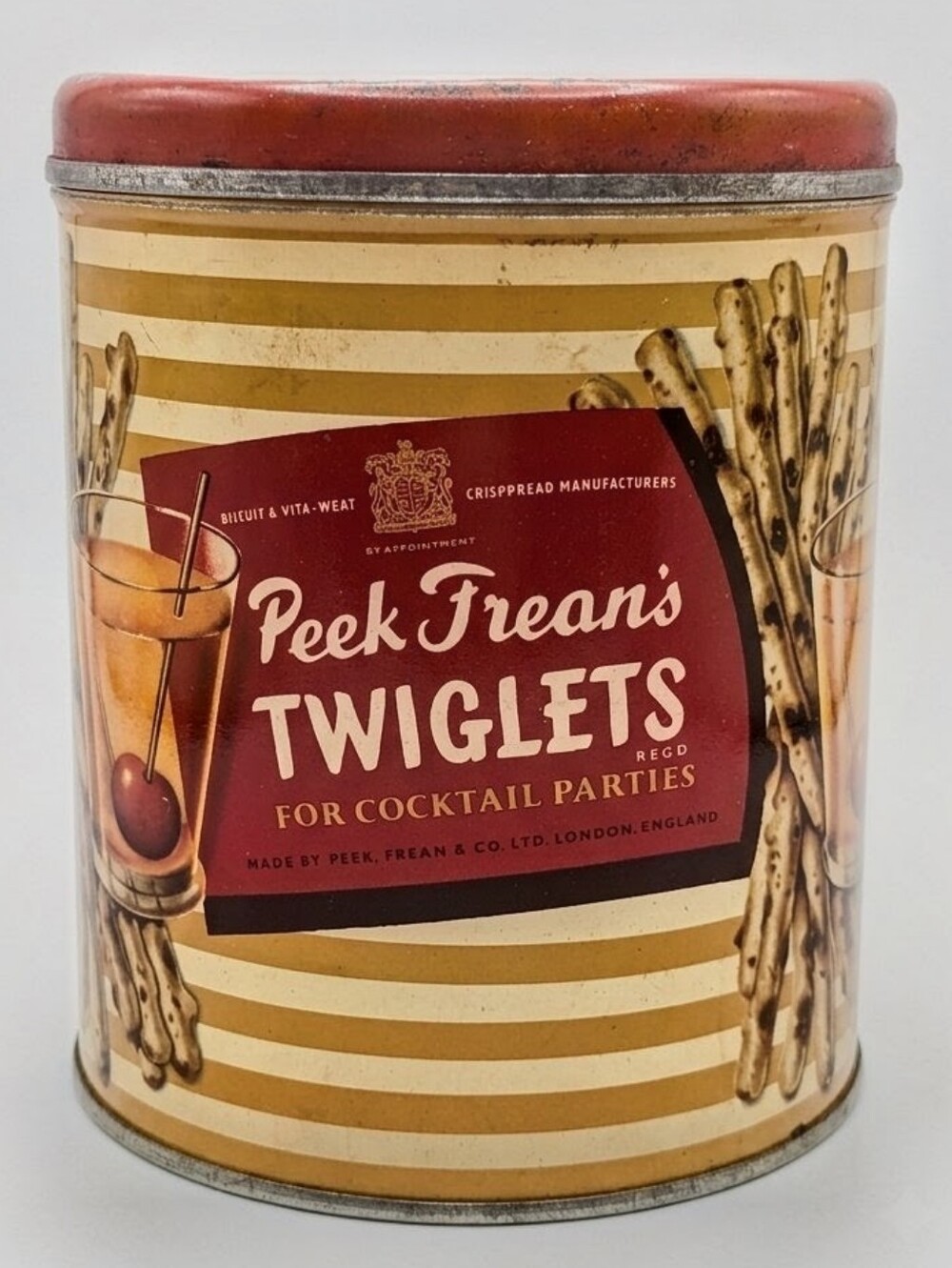 1950s Peek Frean’s Twiglets Biscuit Tin - Mid Century Rustic Cocktail Decor